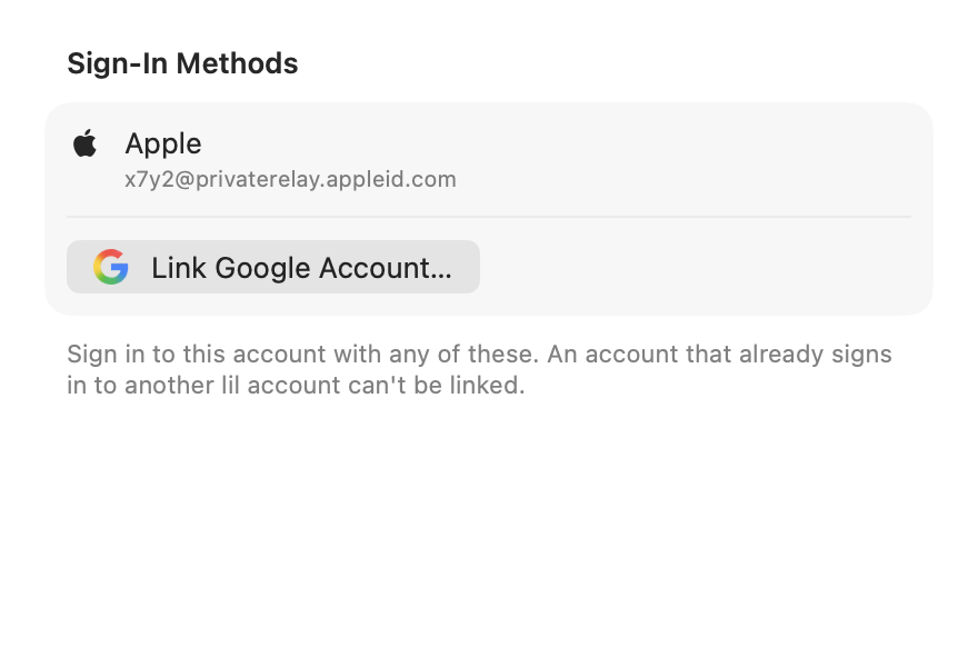 Sign In Methods Section: Apple linked