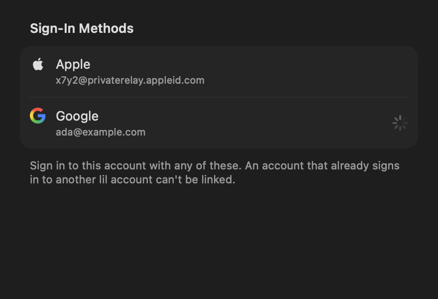 Sign In Methods Section: Unlinking