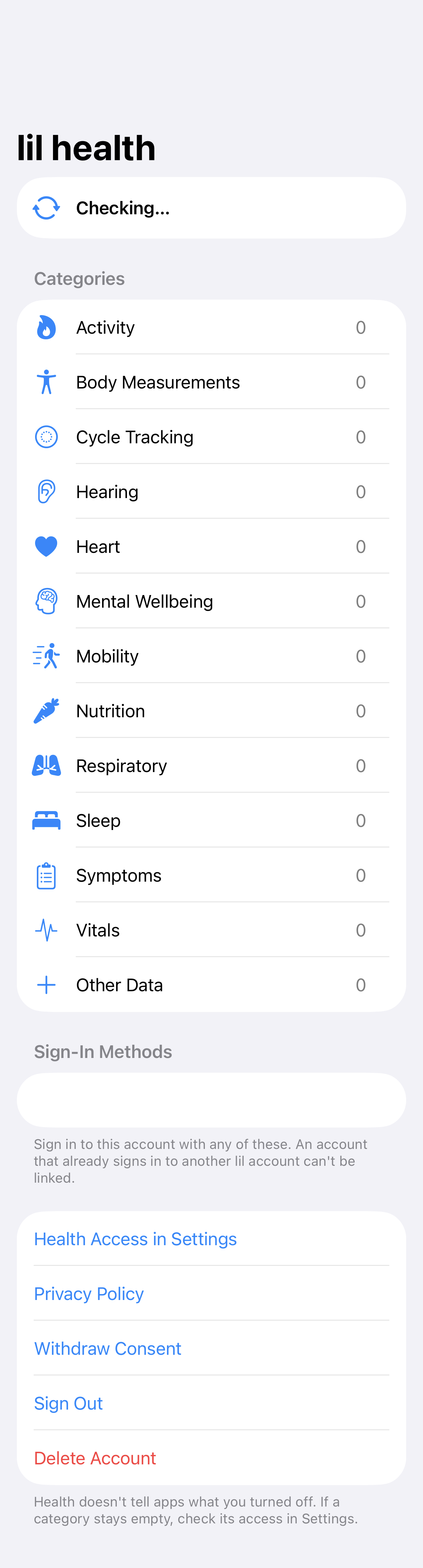 Sync Status: Checking Health access on a new install