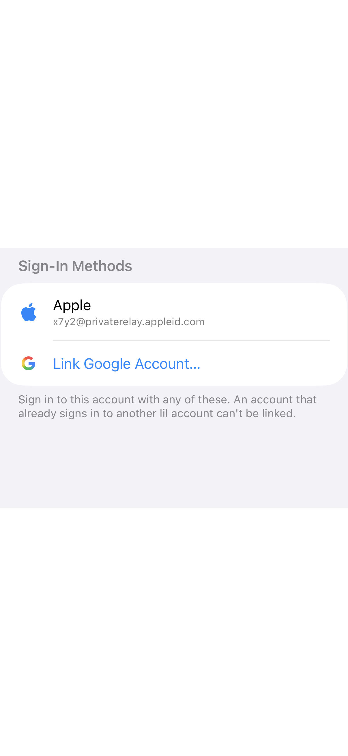 Sign In Methods Section: Apple linked