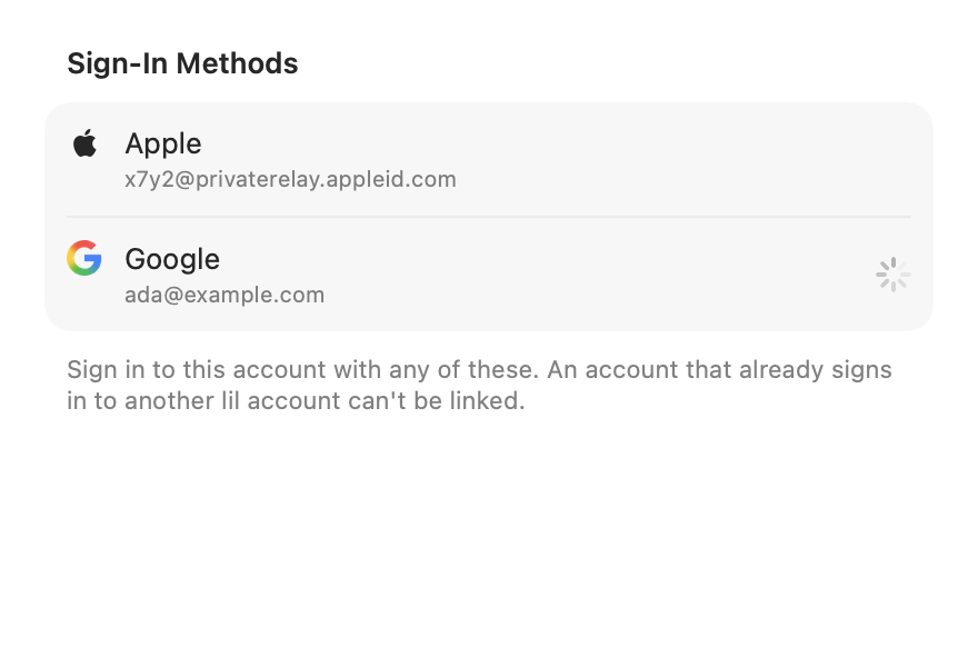 Sign In Methods Section: Unlinking
