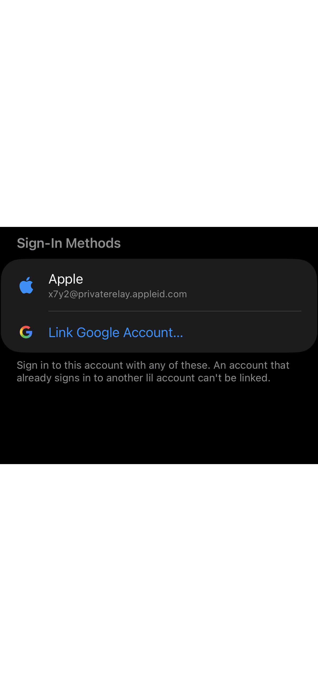 Sign In Methods Section: Apple linked