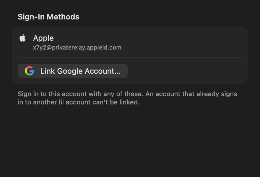 Sign In Methods Section: Apple linked